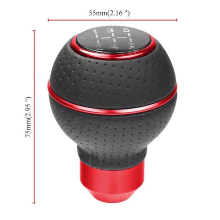 Universal Leather-Wrapped Gear Shift Knob For Cars - black perforated leather with red aluminum rings and shift pattern, 55mm x 75mm compact design