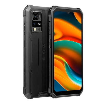 A Blackview phone for daily use in tough conditions shown front and back with rugged black shockproof, dustproof, water-resistant design