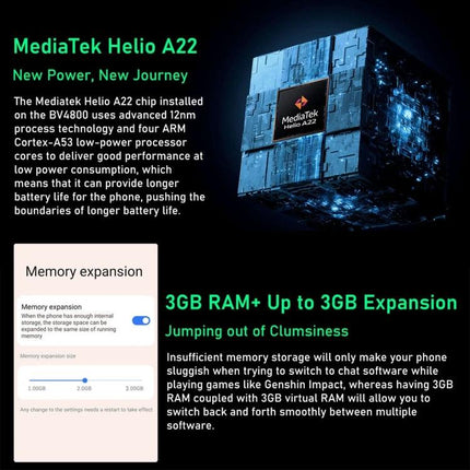 A Blackview phone for daily use in tough conditions showing MediaTek Helio A22 chip, 3GB RAM and up to 3GB virtual expansion