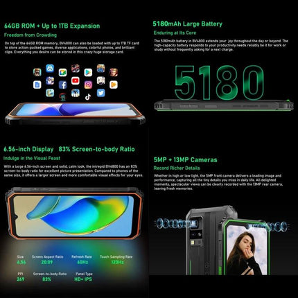 A Blackview phone for daily use in tough conditions rugged smartphone with 5180mAh battery, 6.56-inch display, 64GB ROM and dual cameras