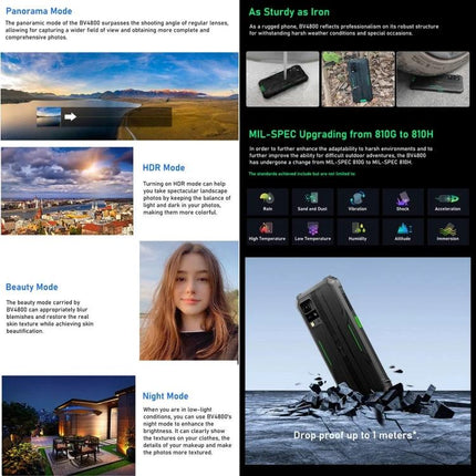 A Blackview phone for daily use in tough conditions showing rugged drop-proof design, water and dust resistance for outdoor work and adventure