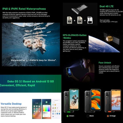 A Blackview phone for daily use in tough conditions: rugged waterproof IP68 device shown with outdoor, underwater, and construction use