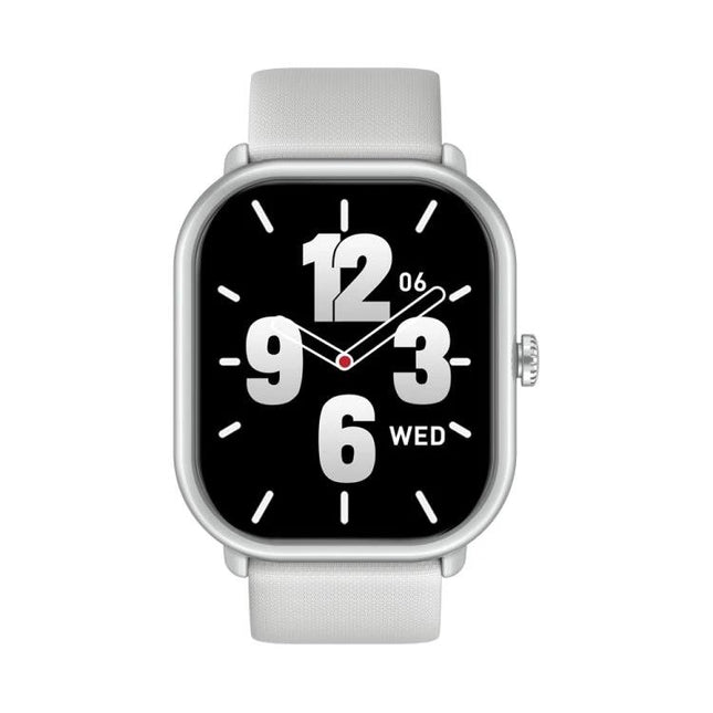 Zeblaze Smart Watch for Daily Fitness and Activity Tracking showing white strap, rectangular black watch face with large numeric dial and activity display