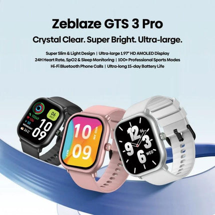 Zeblaze Smart Watch for Daily Fitness and Activity Tracking - three-color Zeblaze GTS 3 Pro watches showing fitness screens and watch faces