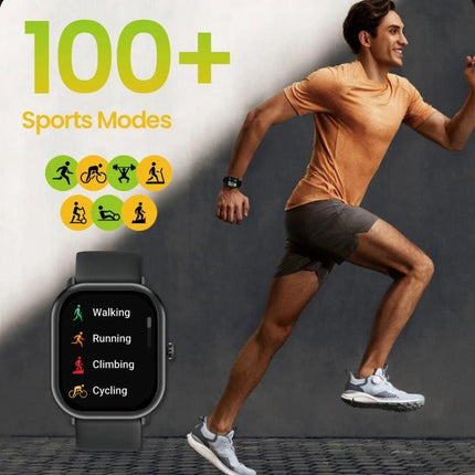 Zeblaze Smart Watch for Daily Fitness and Activity Tracking showing runner, watch face with 100+ sports modes and icons