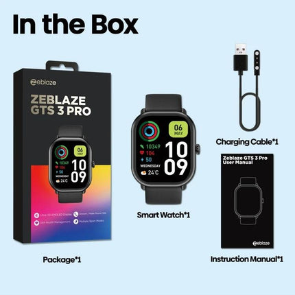 Zeblaze Smart Watch for Daily Fitness and Activity Tracking unboxed package showing watch, charging cable, and instruction manual