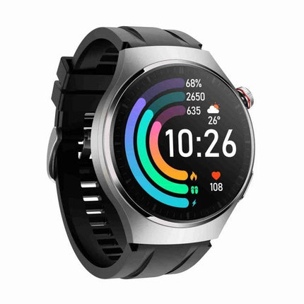 Smart Watch for Everyday Health and Wellness Monitoring shown with activity rings, heart rate, steps and time on a silver smartwatch face