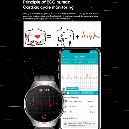 Smart Watch for Everyday Health and Wellness Monitoring showing ECG waveform on watch face and smartphone app with heart rate data