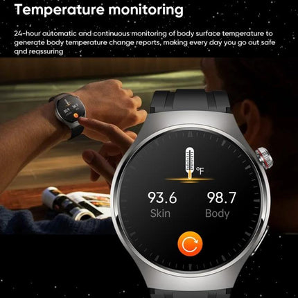 Smart Watch for Everyday Health and Wellness Monitoring showing temperature and heart-rate tracking on wrist display