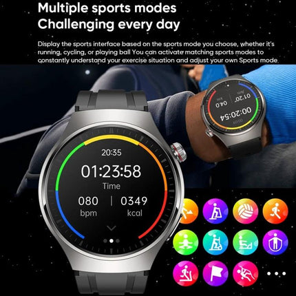 Smart Watch for Everyday Health and Wellness Monitoring showing round fitness display with heart rate, calories, timer and multiple sports mode icons
