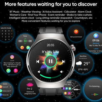Smart Watch for Everyday Health and Wellness Monitoring showing round touchscreen, music player, heart rate, weather, sleep and activity tracking features