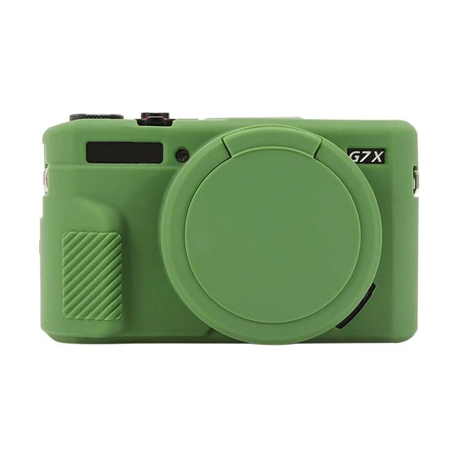 Soft Silicone Protective Case with Lens Cover for Cameras fitted on a green Canon PowerShot G7X Mark II showing front with lens cover