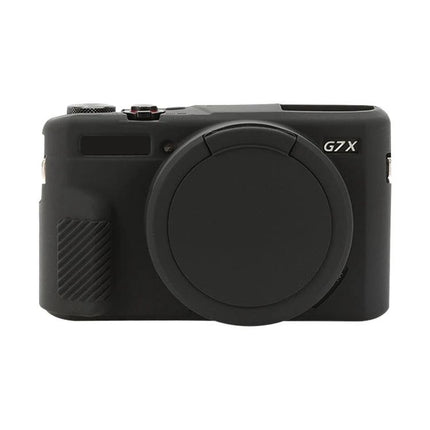 Soft Silicone Protective Case with Lens Cover for Cameras – black silicone cover for Canon PowerShot G7X Mark II, lens cap on, easy access controls