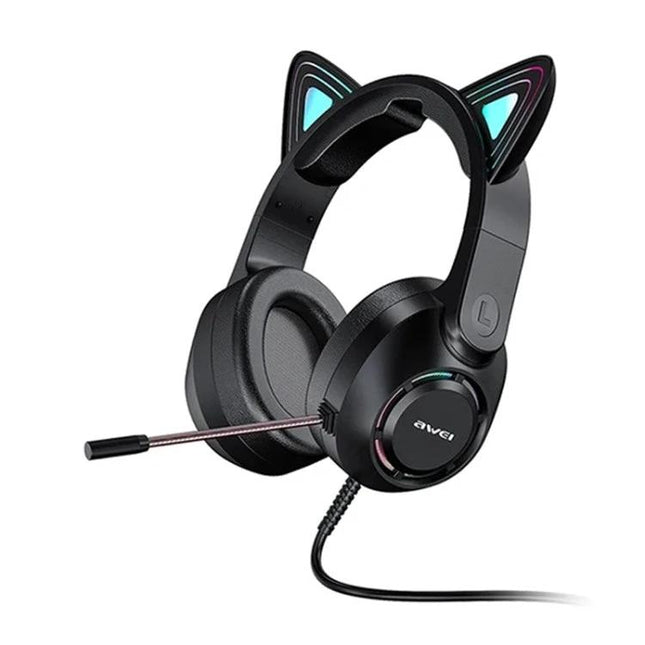 AWEI Cat Ear Light Wired Gaming Headset with Microphone showing black RGB cat-ear gaming headphones with mic and padded adjustable headband