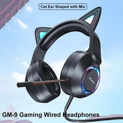 AWEI Cat Ear Light Wired Gaming Headset with Microphone showing black wired headset with illuminated cat ears, RGB earcups and attached microphone