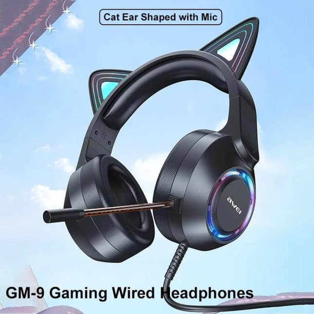 Awei Cat Ear Wired Gaming Headset With Microphone For Chat black RGB cat-ear headset with 50mm drivers and 360° mic