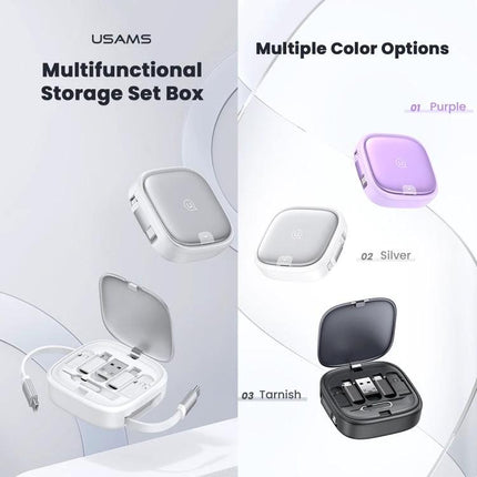 A USAMS Cable for Everyday Device Charging and Storage compact retractable cable and multifunctional storage set box in purple, silver, and tarnish colors