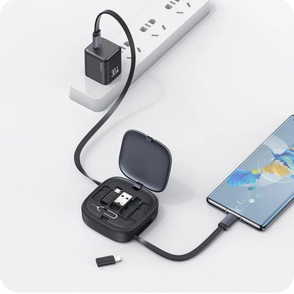 A USAMS Cable for Everyday Device Charging and Storage showing retractable cable, compact case with adapters and phone charging setup