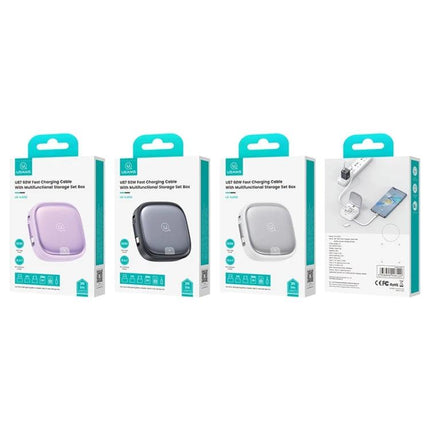A USAMS Cable for Everyday Device Charging and Storage retractable charging cable and compact storage case in retail packaging, multiple colors