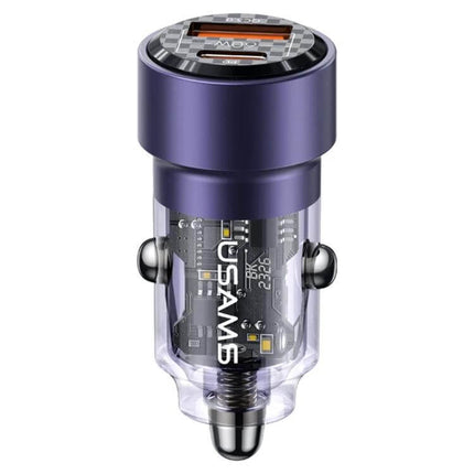 Transparent Aluminum Alloy Dual Port Car Charger for Vehicles with clear housing showing internal circuitry, dual 30W Type-C PD and USB ports, compact design