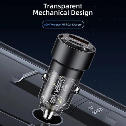 Transparent Aluminum Alloy Dual Port Car Charger for Vehicles shown in clear housing with dual USB and Type-C ports plugged into car console