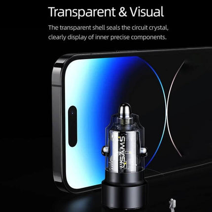 Transparent Aluminum Alloy Dual Port Car Charger for Vehicles next to smartphone, clear housing showing internal components and dual USB Type-C/USB ports