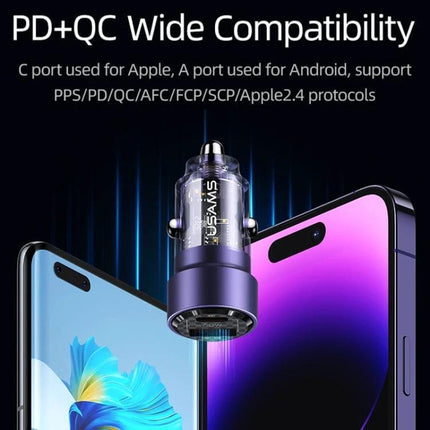 Transparent Aluminum Alloy Dual Port Car Charger for Vehicles showing clear alloy housing between two smartphones with PD and QC compatibility