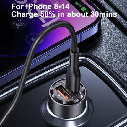 Transparent Aluminum Alloy Dual Port Car Charger for Vehicles shown installed in car cigarette socket charging iPhone with Type-C and USB ports