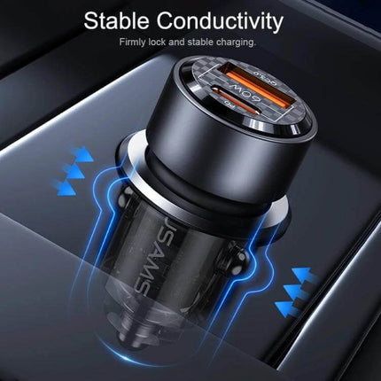 Transparent Aluminum Alloy Dual Port Car Charger for Vehicles with clear compact housing showing dual ports and stable conductivity, 60W total