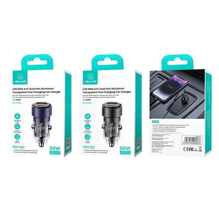 Transparent Aluminum Alloy Dual Port Car Charger for Vehicles in retail packaging showing two color variants and product back with usage image
