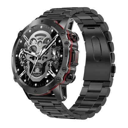 Smart Watch for Everyday Health Tracking and Daily Notifications - black metal smartwatch with skull-style mechanical dial, activity and notification features