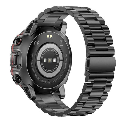 Smart Watch for Everyday Health Tracking and Daily Notifications – rear sensors and metal link band, black smartwatch showing heart-rate sensor and charging contacts