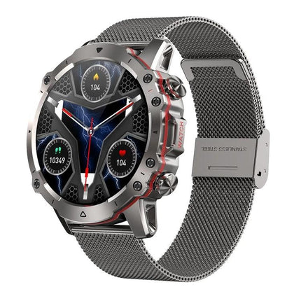 Smart Watch for Everyday Health Tracking and Daily Notifications - rugged stainless steel mesh band smartwatch showing step, heart rate, and notification dials