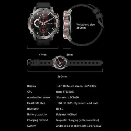 Smart Watch for Everyday Health Tracking and Daily Notifications - rugged black smartwatch showing dimensions and specs