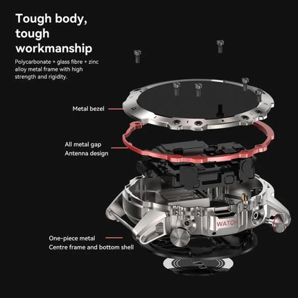 Smart Watch for Everyday Health Tracking and Daily Notifications - exploded view showing metal bezel, antenna design and one-piece metal frame
