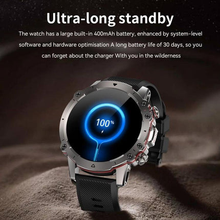 Smart Watch for Everyday Health Tracking and Daily Notifications showing rugged watch face with 100% battery and ultra-long standby marketing text