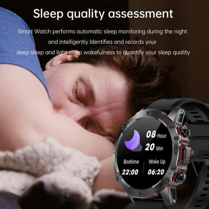 Smart Watch for Everyday Health Tracking and Daily Notifications showing sleep quality assessment screen with bedtime, wake time, and sleep duration