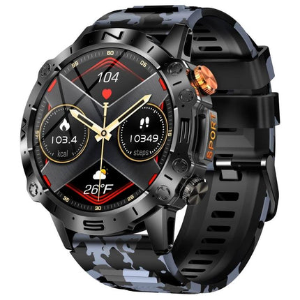 Reliable Smart Watch for Everyday Health Tracking and Connections - rugged camo smartwatch showing heart rate, calories, steps and message alerts