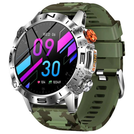 Reliable Smart Watch for Everyday Health Tracking and Connections - rugged camo strap, round digital display showing time, heart rate, activity metrics