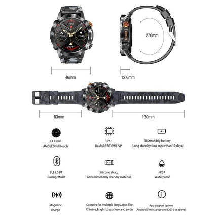 Reliable Smart Watch for Everyday Health Tracking and Connections - camo sport watch with heart rate, AMOLED display, 380mAh battery and IP67 waterproof