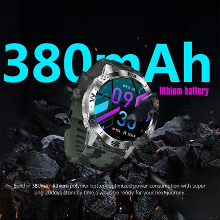 Reliable Smart Watch for Everyday Health Tracking and Connections — camouflage rugged smartwatch with 380mAh lithium battery and heart-rate display