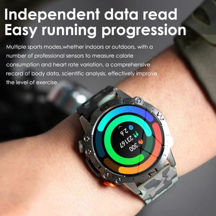 Reliable Smart Watch for Everyday Health Tracking and Connections on wrist showing activity rings, heart rate and message alerts, camo strap