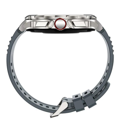 Smart Watch for Everyday Activity and Health Monitoring - side profile of silver smartwatch with gray silicone band showing crown and buckle