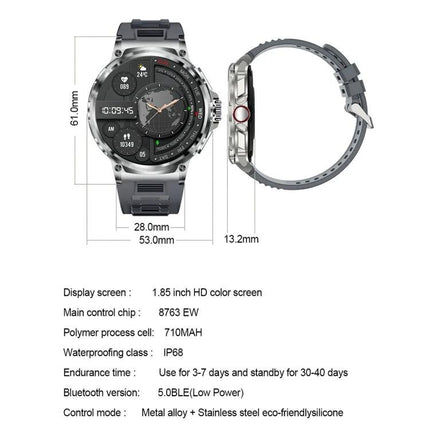 Smart Watch for Everyday Activity and Health Monitoring showing round HD display, side profile, dimensions and specifications list