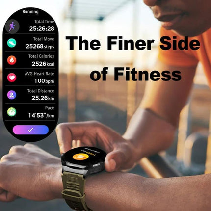 Smart Watch for Everyday Activity and Health Monitoring showing step count, heart rate, calories, distance and sleep reminders on wrist during a run