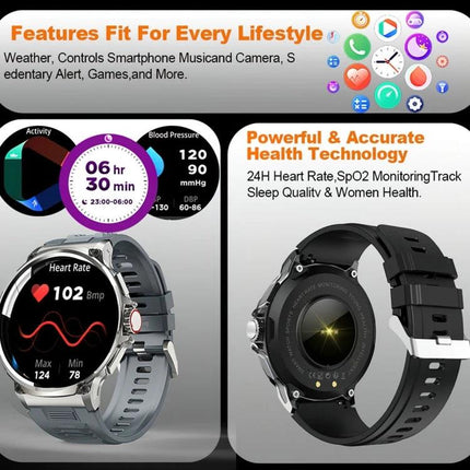 Smart Watch for Everyday Activity and Health Monitoring showing front and back views with heart rate, sleep tracking, blood pressure widgets