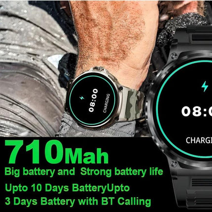 Smart Watch for Everyday Activity and Health Monitoring — rugged smartwatch showing charging screen, camouflage strap, 710mAh battery life