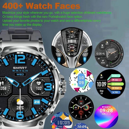 Smart Watch for Everyday Activity and Health Monitoring - stainless smartwatch with multiple colorful watch faces displaying steps, heart rate, sleep and notifications