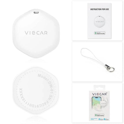 VIECAR Wireless Tracker for Car Keys and Apple Devices shown with white tracker, manual, strap, and packaging