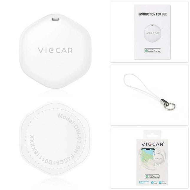 VIECAR Wireless Tracker for Car Keys and Apple Devices shown with white tracker, manual, strap, and packaging